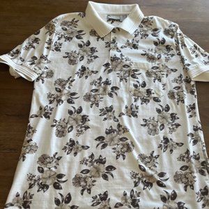Men's Island Shores Short Sleeve Brown Floral Hawaiian Polo‎ Shirt Medium M VTG
